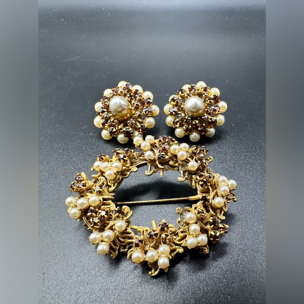 Vintage Signed Miriam Haskell Faux Pearls brooch and clip on earrings SET
